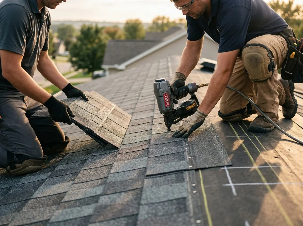 Professional roofer working on a residential roof in Clinton